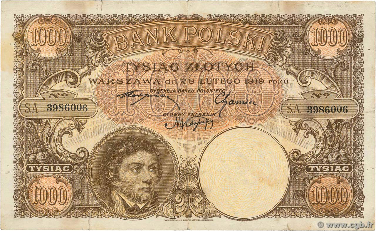 1000 Zlotych POLONIA  1919 P.059a BC+