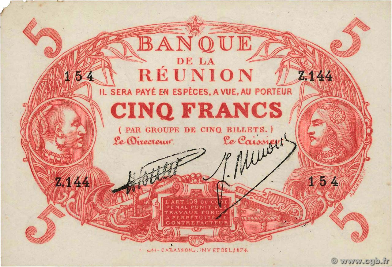 5 Francs Cabasson rouge REUNION INSEL  1938 P.14 VZ