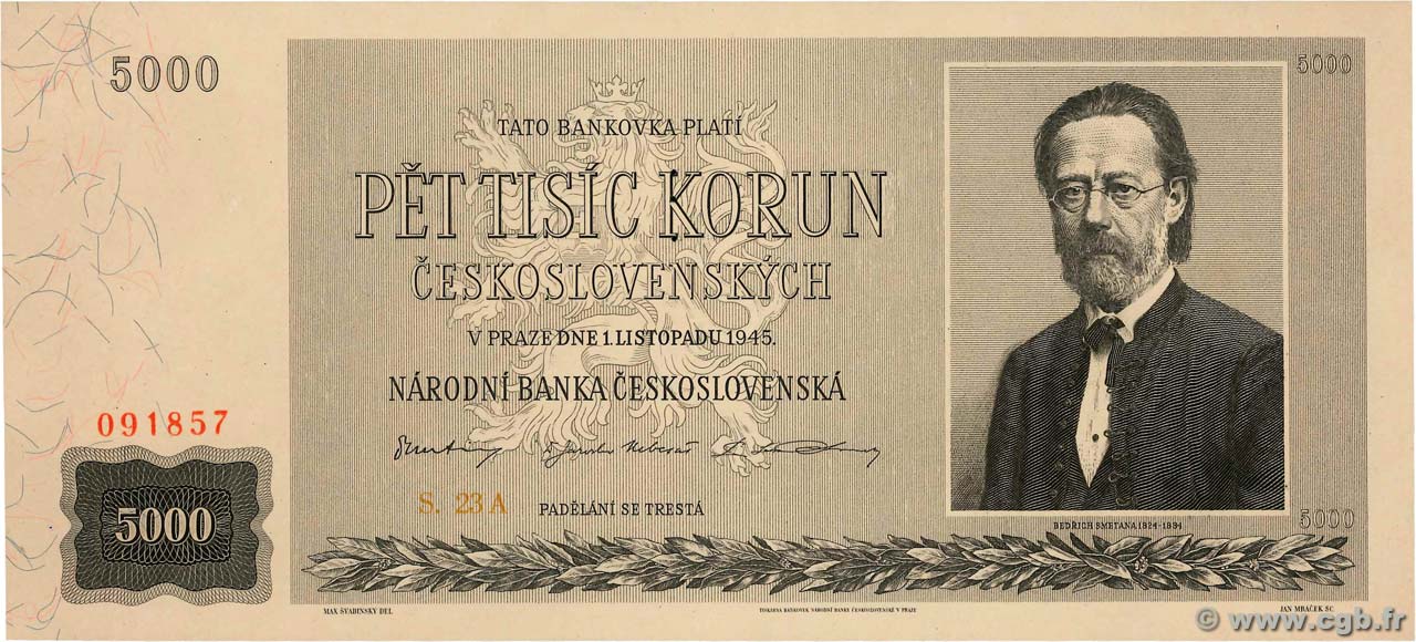 5000 Korun Spécimen TSCHECHOSLOWAKEI  1945 P.075s ST