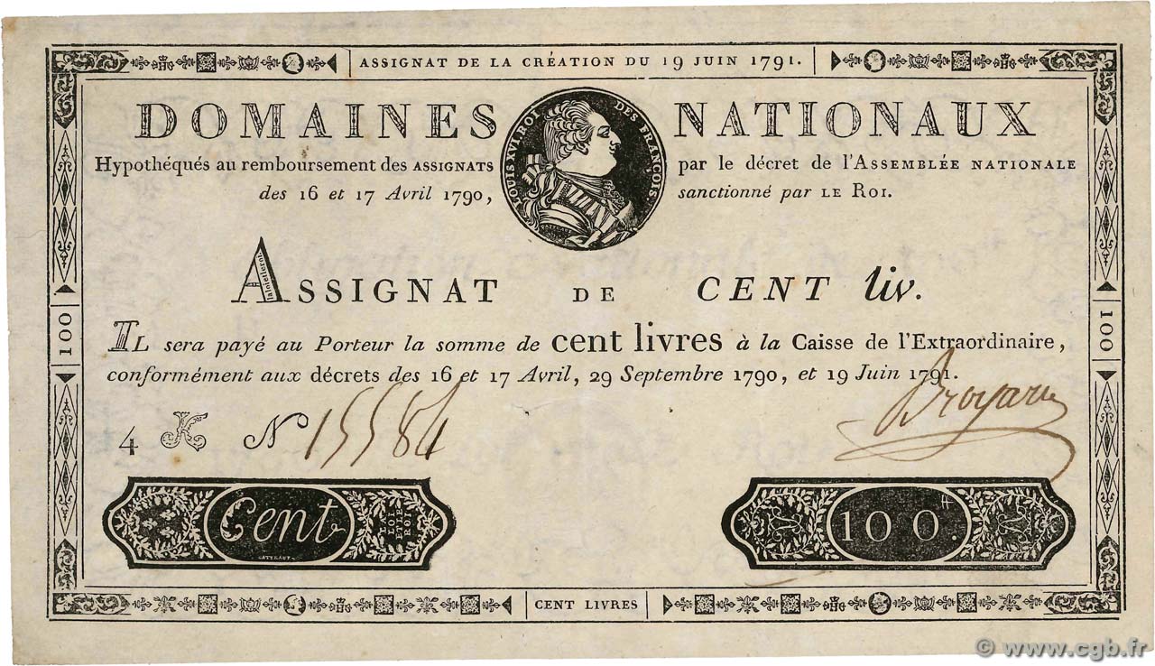 100 Livres FRANCE  1791 Ass.15a pr.SUP