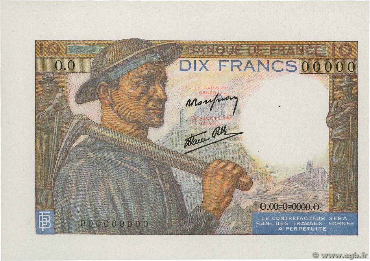 10 Francs MINEUR Épreuve FRANCIA  1941 F.08.00Ed SC