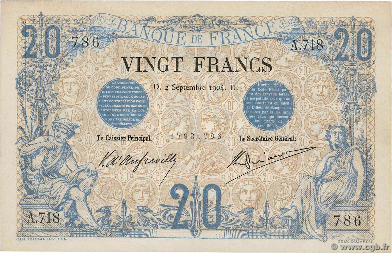 20 Francs NOIR FRANKREICH  1904 F.09.03 VZ