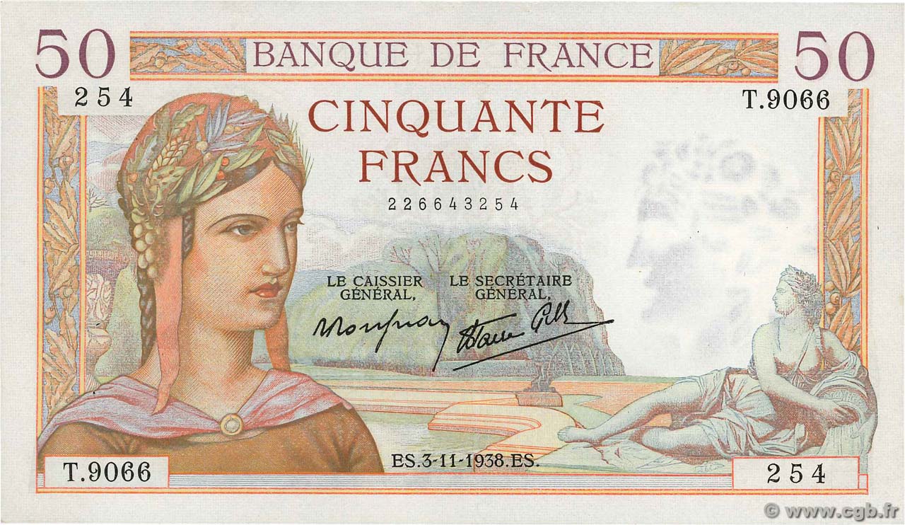 50 Francs CÉRÈS modifié FRANCE  1938 F.18.18 SUP+