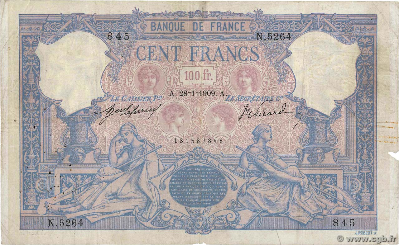 100 Francs BLEU ET ROSE FRANCE  1909 F.21.24 B+