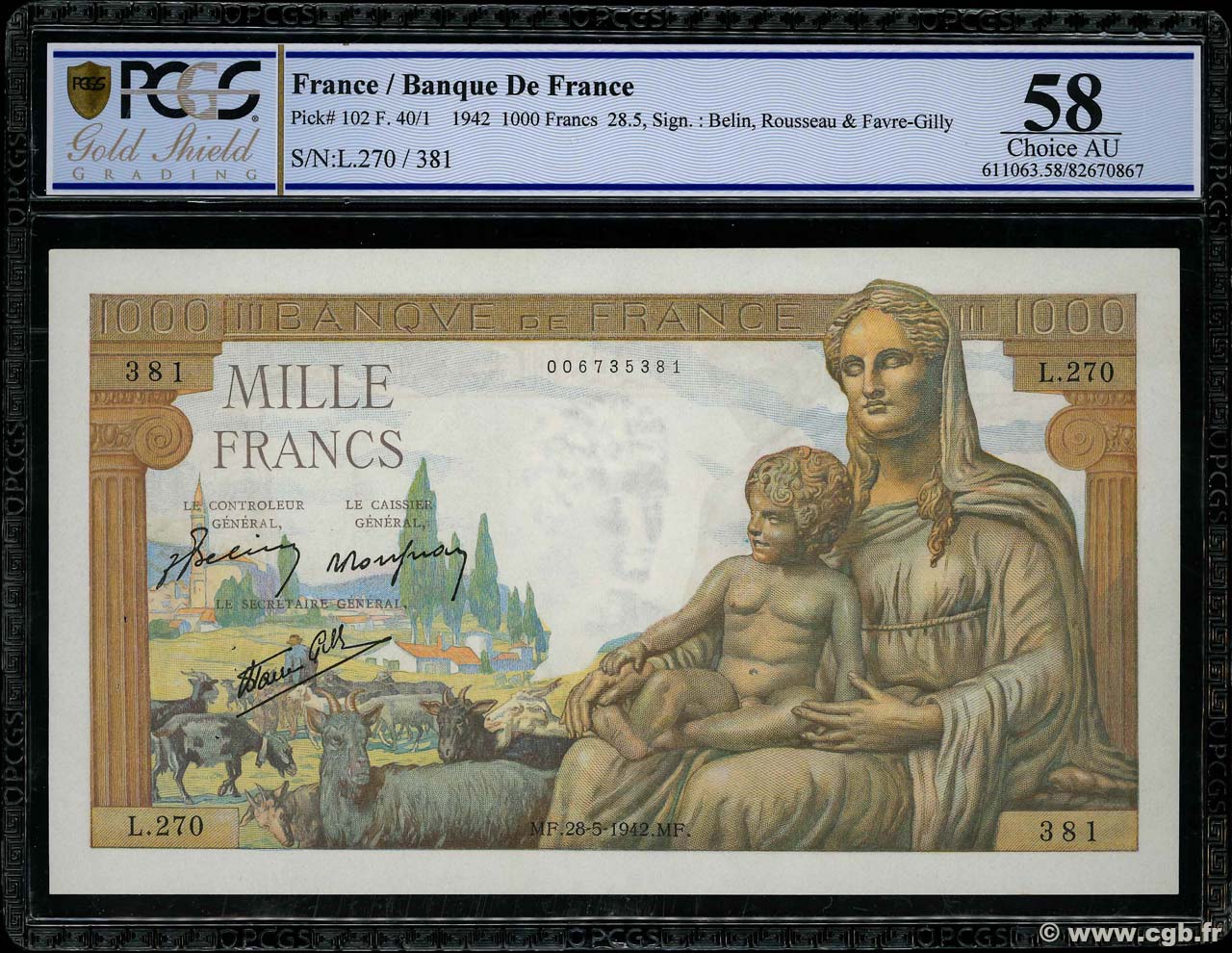 1000 Francs DÉESSE DÉMÉTER FRANCE  1942 F.40.01 AU