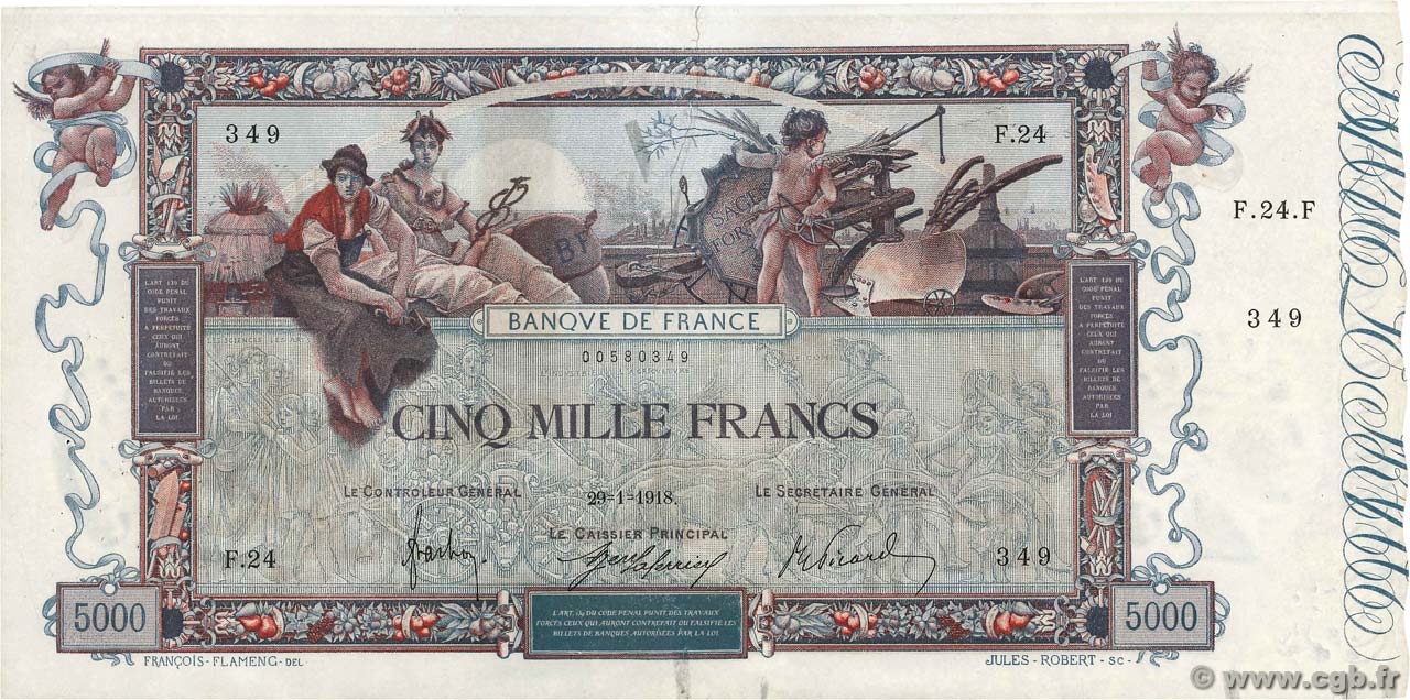 5000 Francs FLAMENG FRANCE  1918 F.43.01 F+