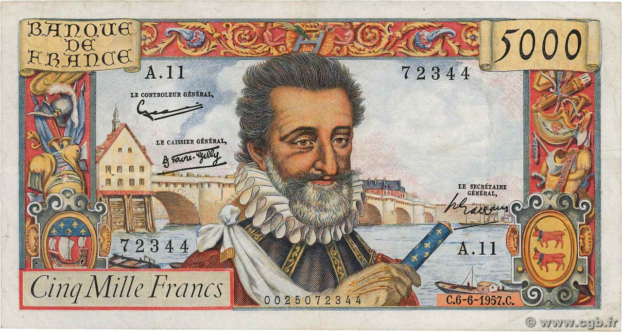 5000 Francs HENRI IV FRANCIA  1957 F.49.02 MBC