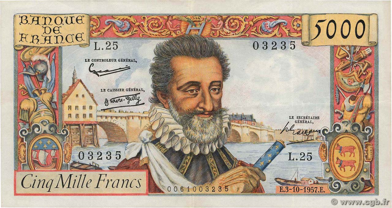 5000 Francs HENRI IV FRANCE  1957 F.49.03 VF+