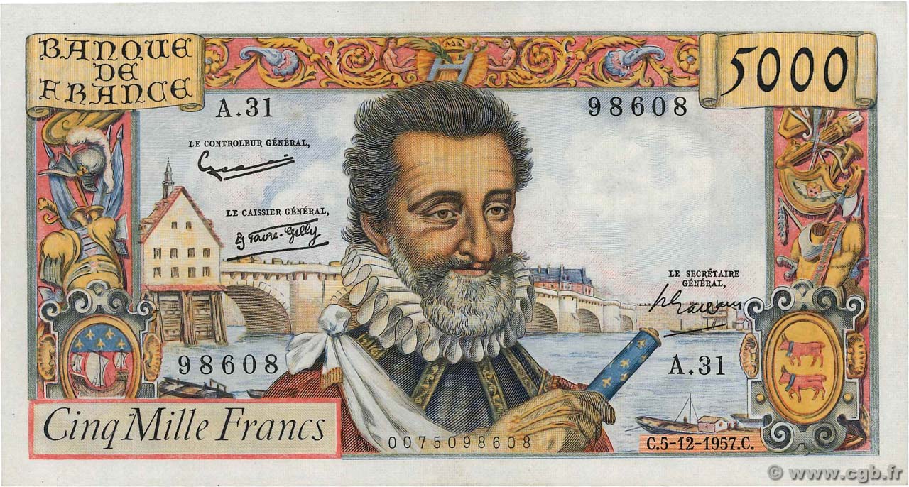 5000 Francs HENRI IV FRANCIA  1957 F.49.04 MBC+