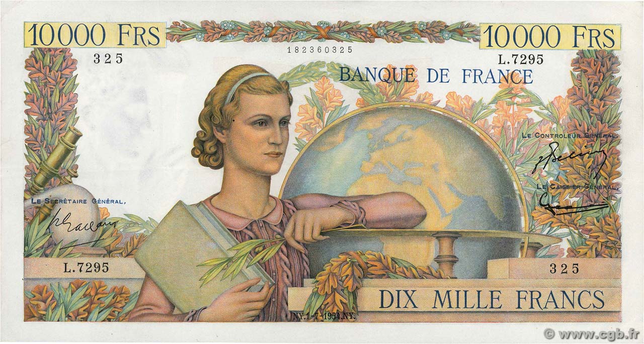 10000 Francs GÉNIE FRANÇAIS FRANCE  1954 F.50.71 XF-