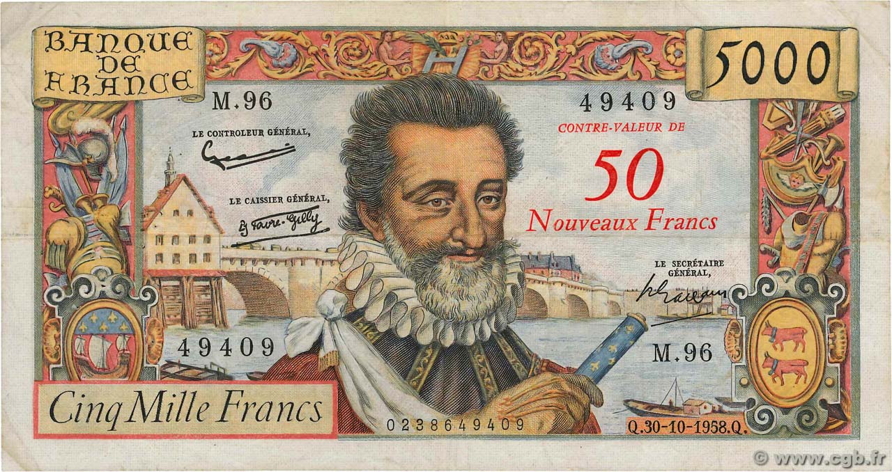 50 NF sur 5000 Francs HENRI IV FRANCIA  1958 F.54.01 BC