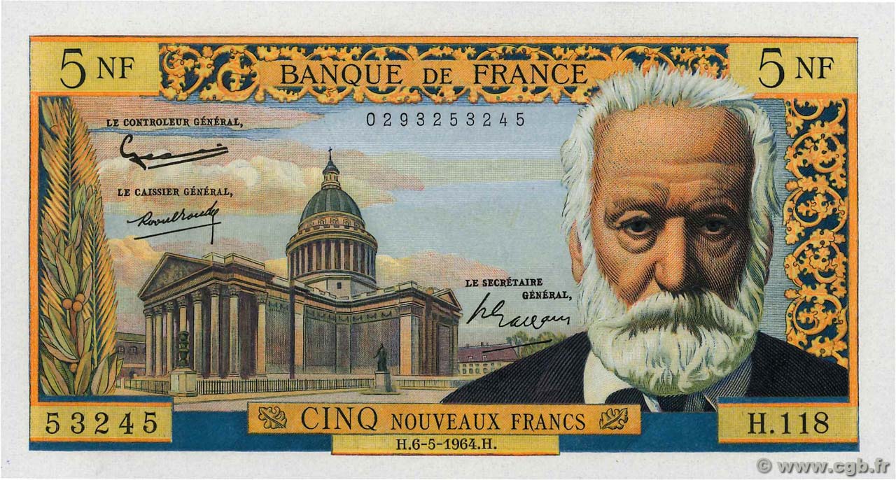 5 Nouveaux Francs VICTOR HUGO FRANCE  1964 F.56.15 UNC