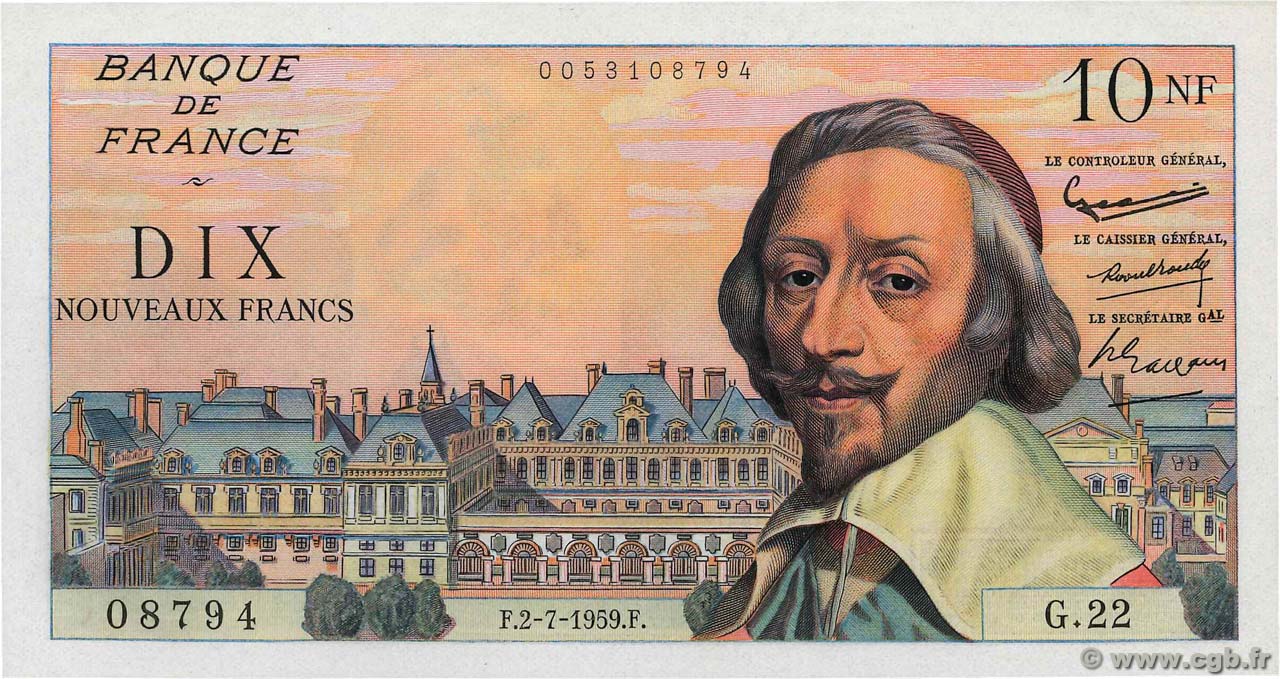 10 Nouveaux Francs RICHELIEU FRANCIA  1959 F.57.02 SC+