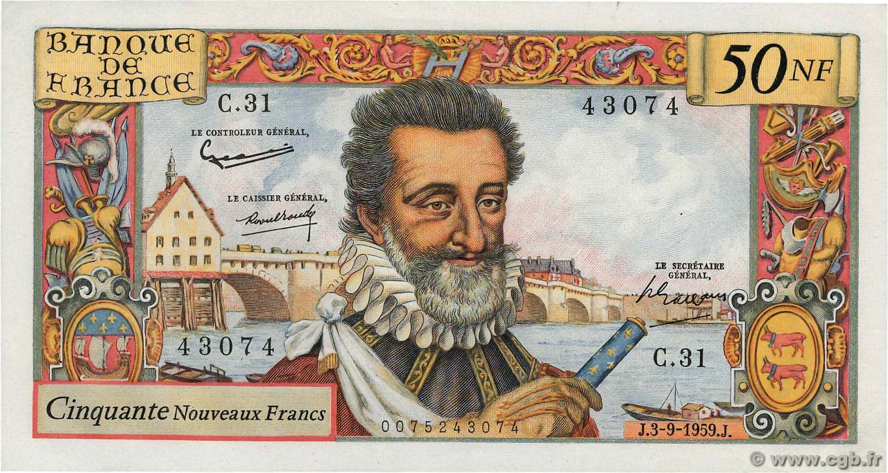 50 Nouveaux Francs HENRI IV FRANCE  1959 F.58.03 XF+