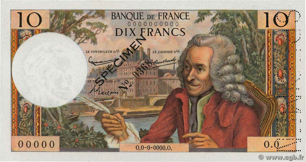 10 Francs VOLTAIRE Spécimen FRANCE  1963 F.62.01Spn UNC-