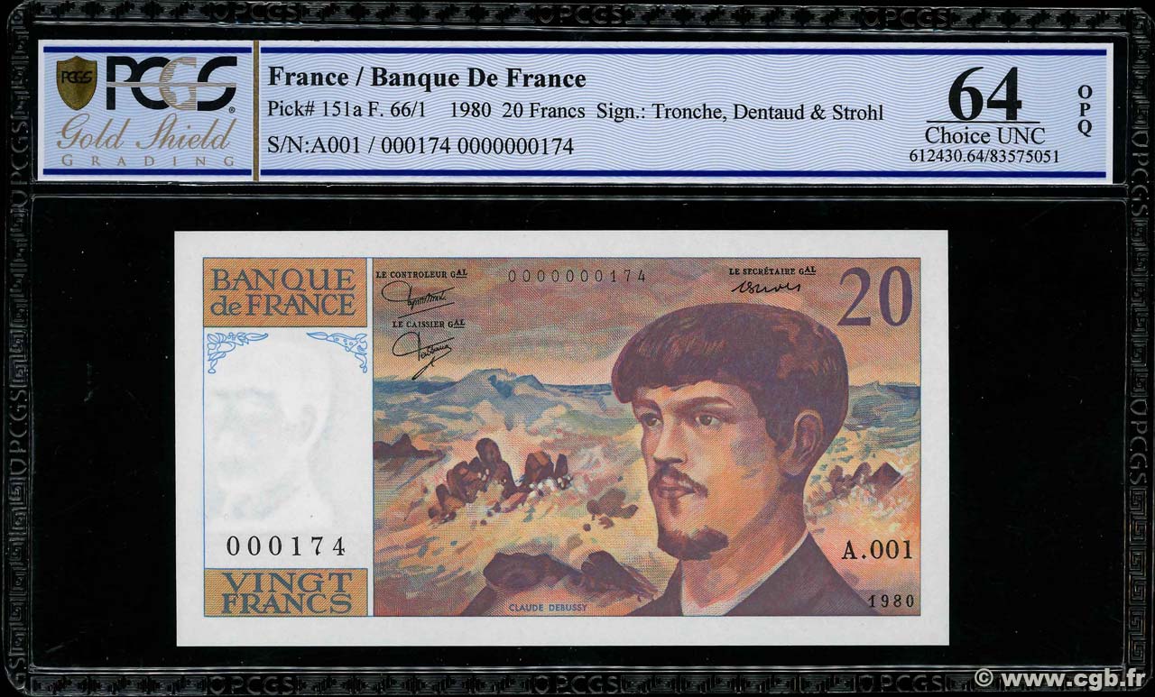 20 Francs DEBUSSY Petit numéro FRANCE  1980 F.66.01A1 UNC