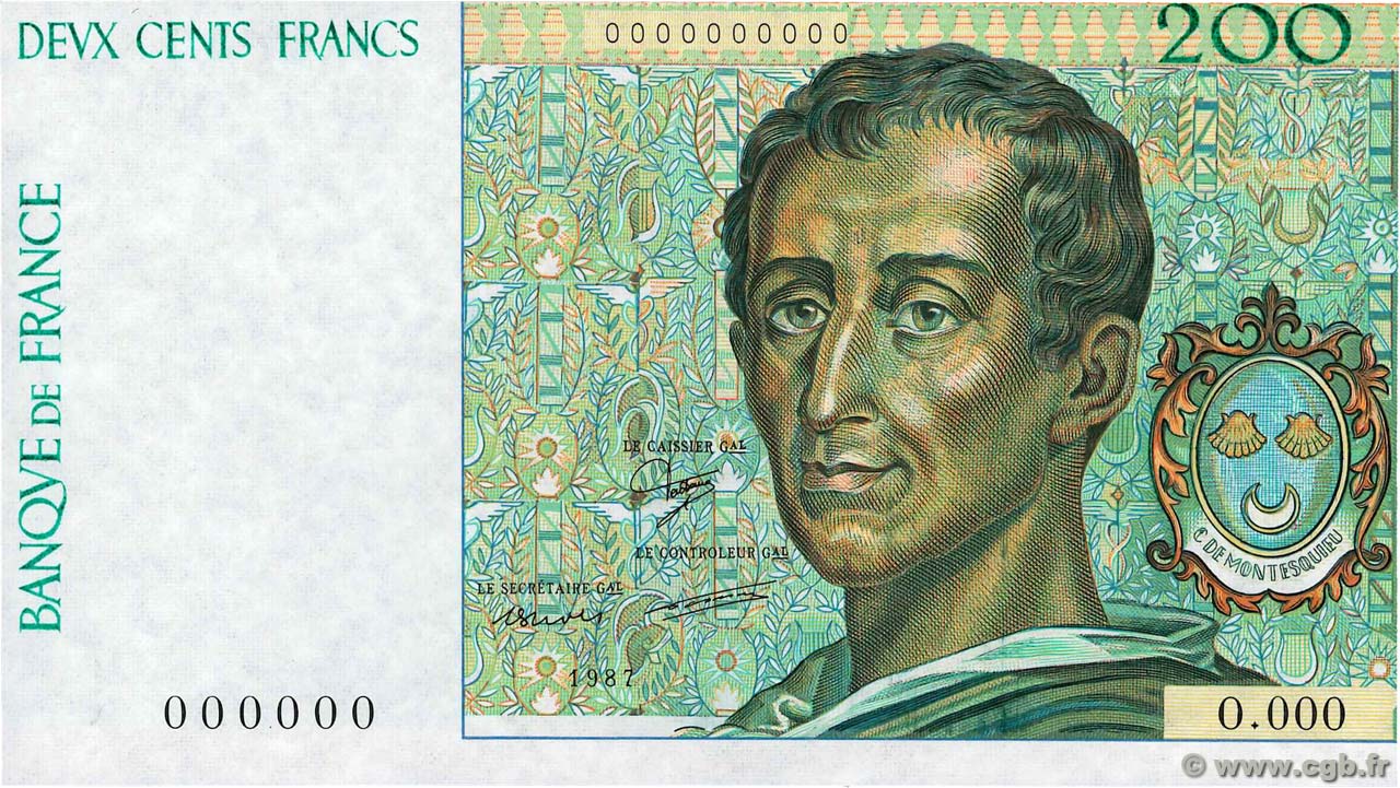 200 Francs MONTESQUIEU adapté Non émis FRANCE  1987 NE.1987.03b UNC