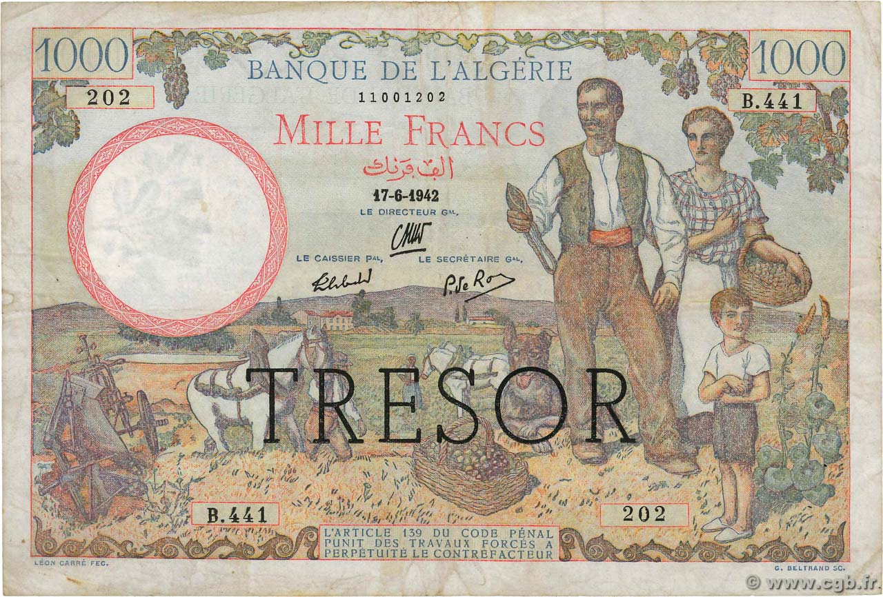 1000 Francs ALGÉRIE FRANCE  1943 VF.10.01 pr.TTB