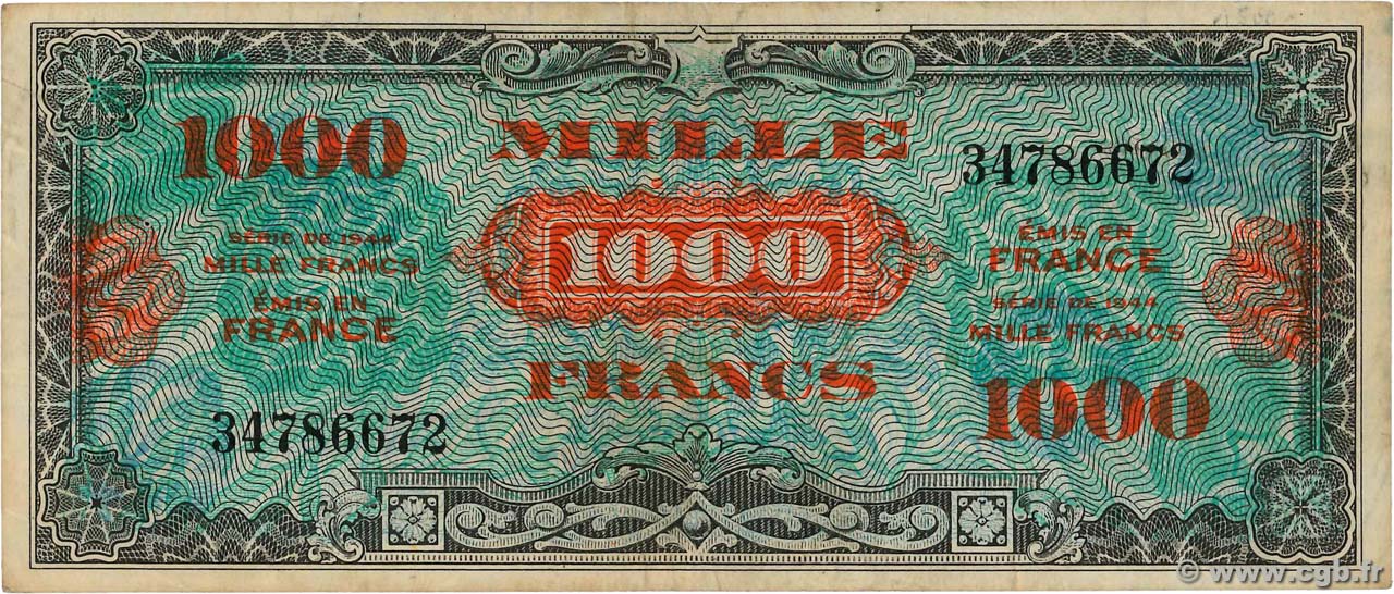 1000 Francs DRAPEAU FRANCIA  1944 VF.22.01 MB