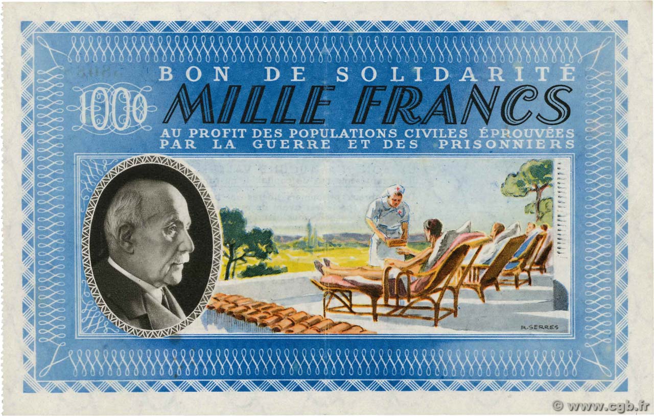 1000 Francs BON DE SOLIDARITE FRANCE Regionalismus und verschiedenen  1941 KL.12A3 VZ