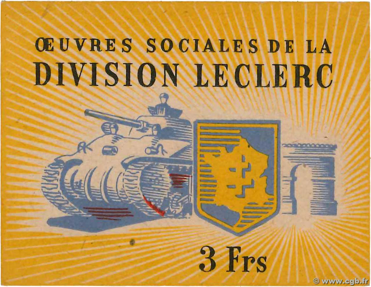 3 Francs Division LECLERC FRANCE regionalism and various  1944 KL.A1 UNC-