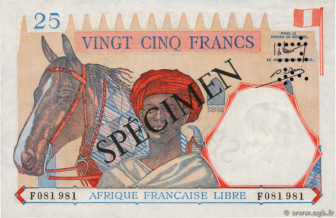 25 Francs Spécimen FRENCH EQUATORIAL AFRICA Brazzaville 1941 P.07s XF+