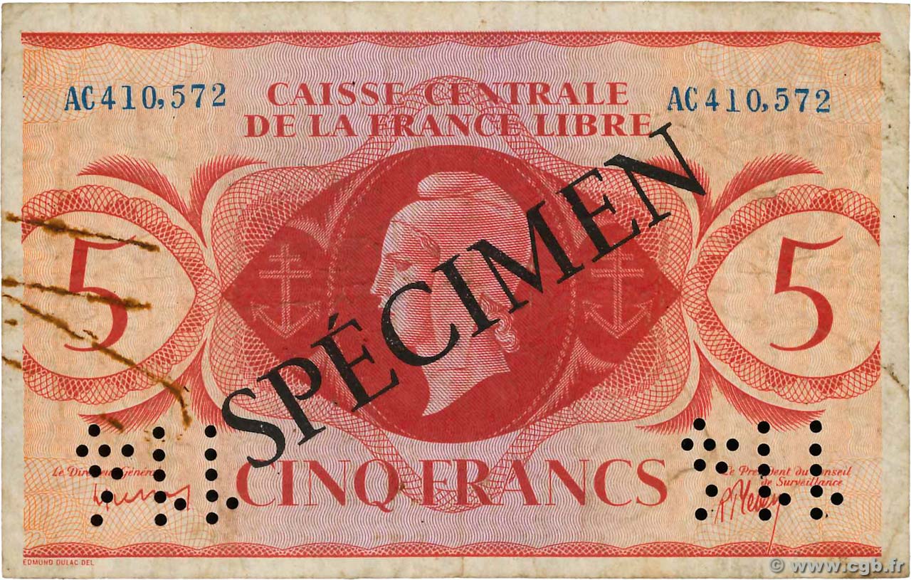 5 Francs Spécimen AFRIQUE ÉQUATORIALE FRANÇAISE Brazzaville 1941 P.10s BC