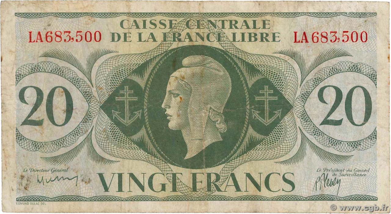 20 Francs AFRIQUE ÉQUATORIALE FRANÇAISE Brazzaville 1944 P.12a BC