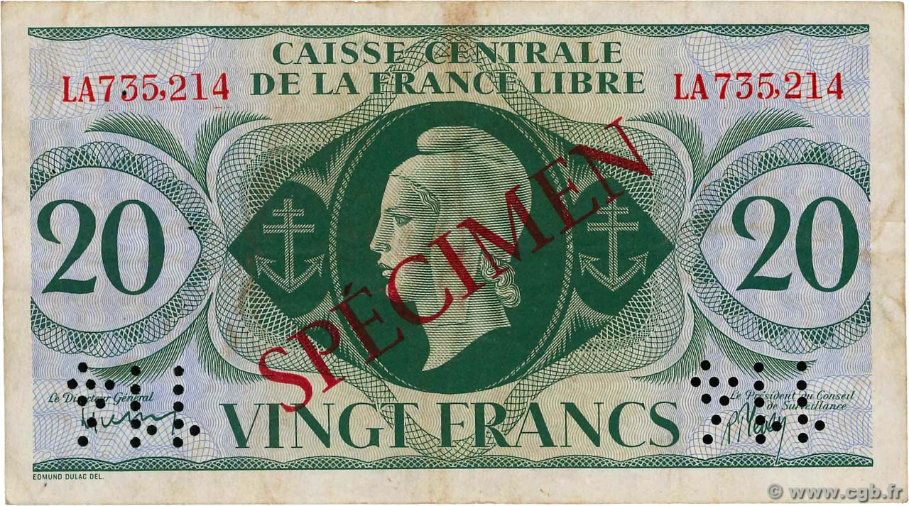 20 Francs Spécimen FRENCH EQUATORIAL AFRICA Brazzaville 1941 P.12s VF