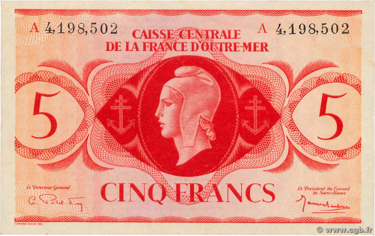 5 Francs FRENCH EQUATORIAL AFRICA  1943 P.15d XF+