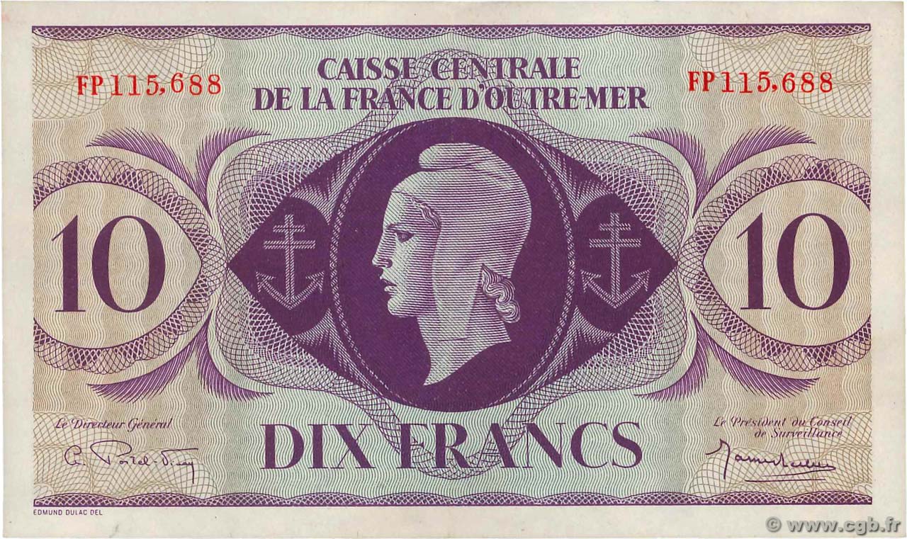 10 Francs FRENCH EQUATORIAL AFRICA  1943 P.16b XF+