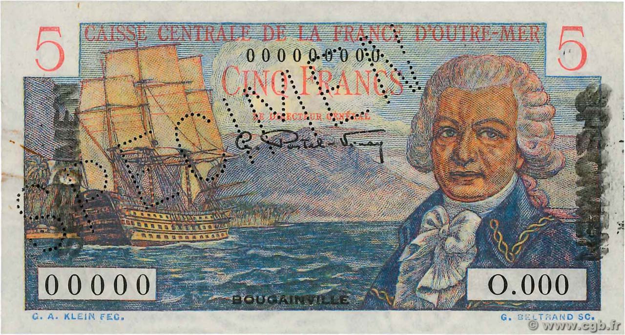 5 Francs Bougainville Spécimen AFRIQUE ÉQUATORIALE FRANÇAISE  1946 P.20Bs XF+