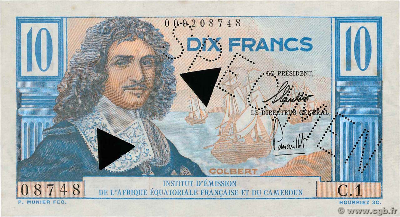 10 Francs Colbert Spécimen AFRIQUE ÉQUATORIALE FRANÇAISE  1957 P.29s XF+