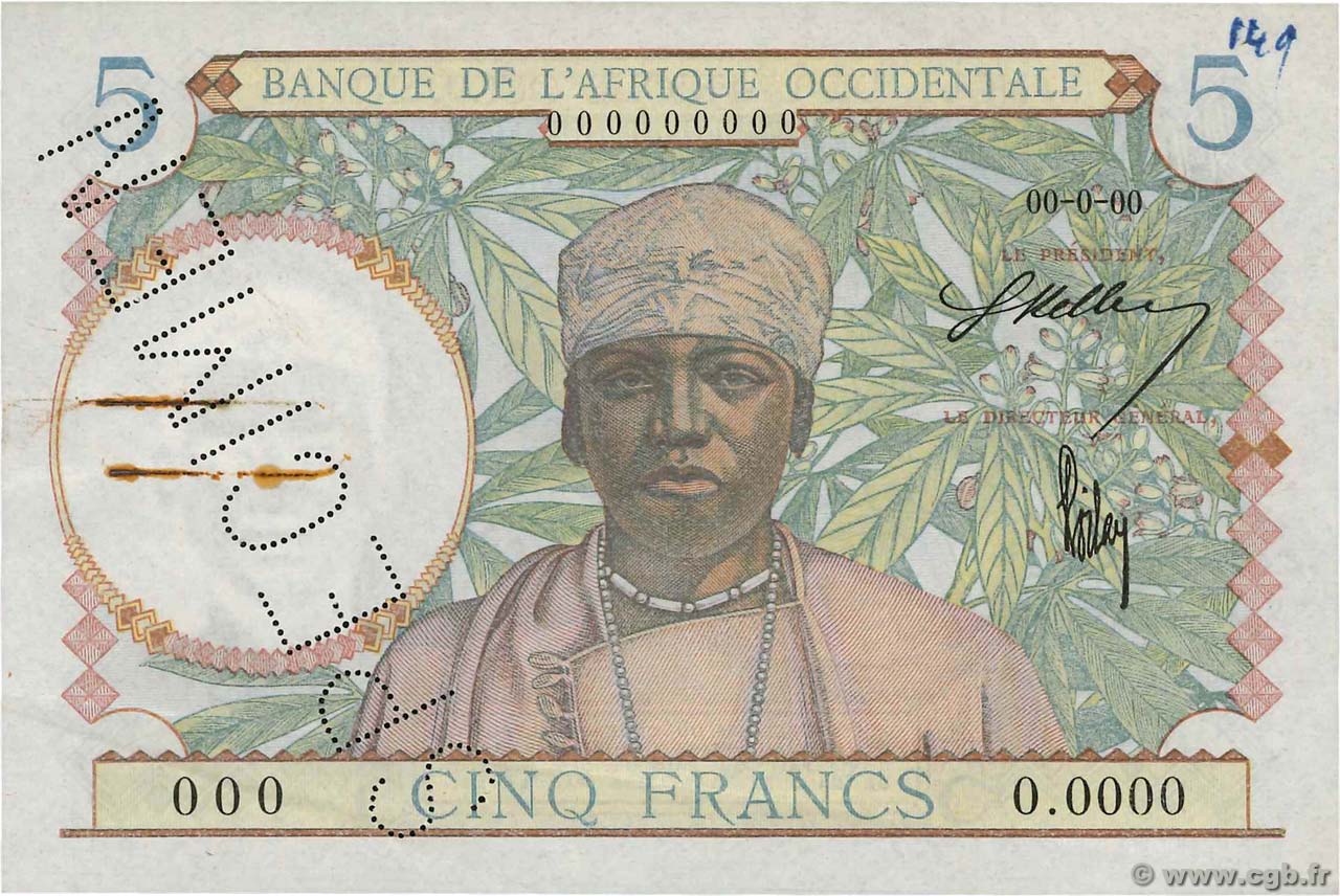 5 Francs Spécimen FRENCH WEST AFRICA  1941 P.25s EBC