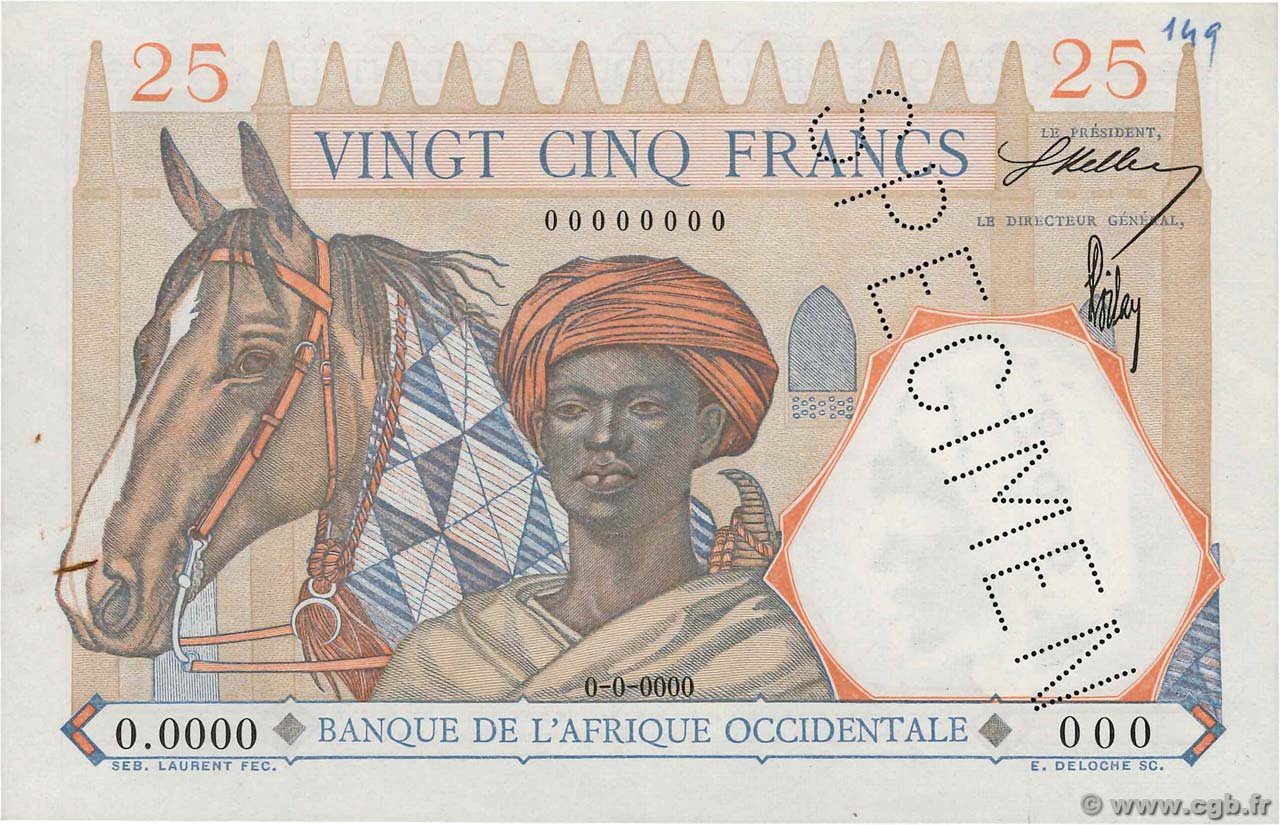 25 Francs Spécimen FRENCH WEST AFRICA  1942 P.27s EBC+
