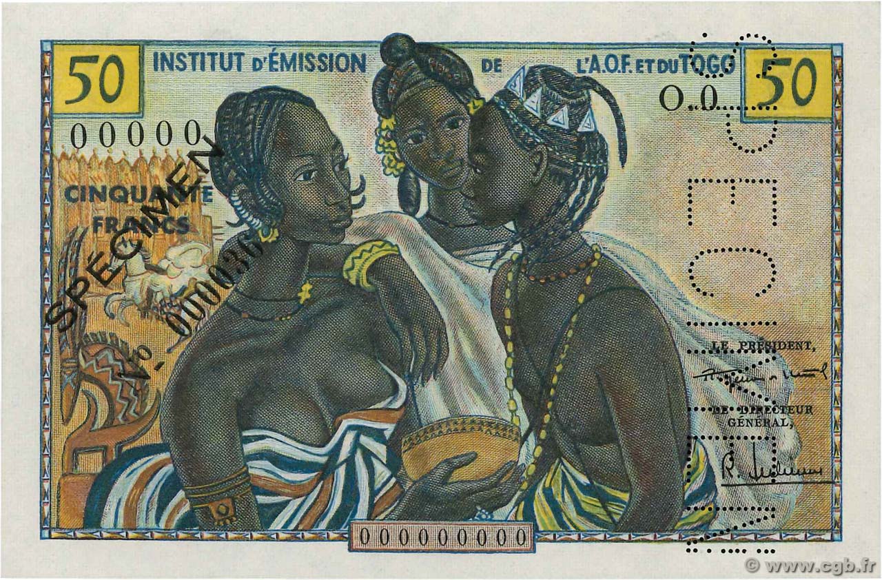 50 Francs Spécimen FRENCH WEST AFRICA  1956 P.45s fST+