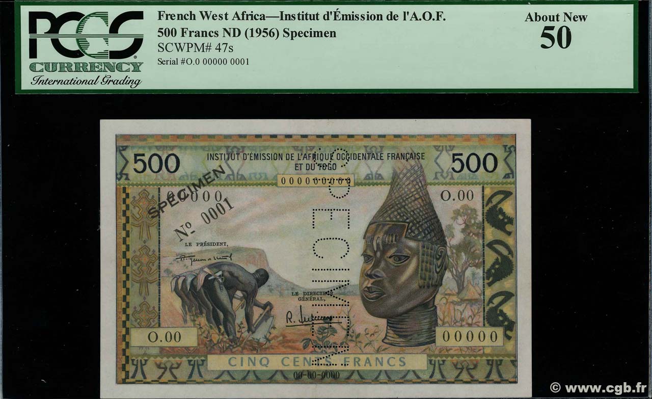 500 Francs Spécimen FRENCH WEST AFRICA  1957 P.47s AU