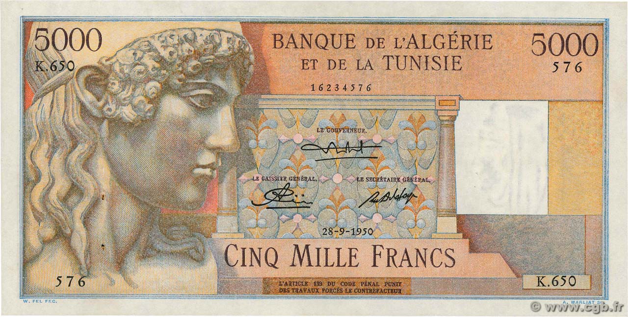 5000 Francs ALGERIEN  1950 P.109a VZ