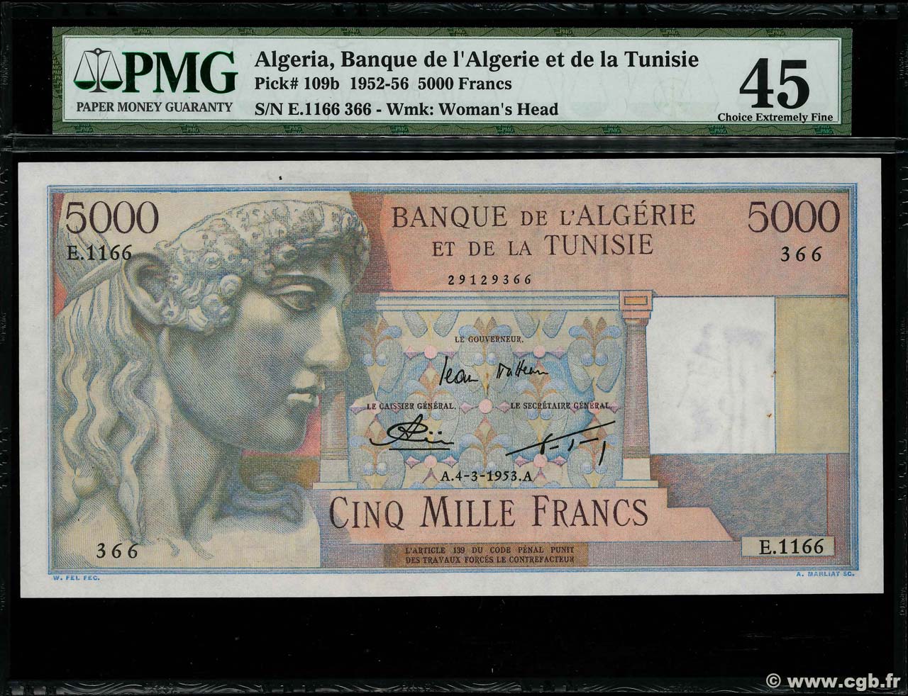 5000 Francs ALGERIEN  1953 P.109b VZ