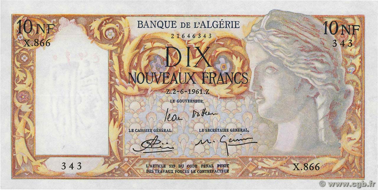10 Nouveaux Francs ALGERIA  1961 P.119a SPL