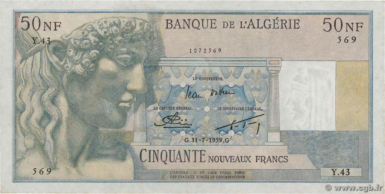 50 Nouveaux Francs ALGÉRIE  1959 P.120a SUP