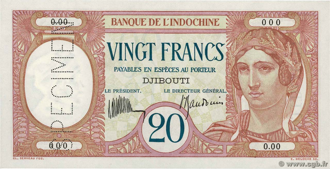 20 Francs Spécimen DJIBOUTI  1932 P.07as UNC-