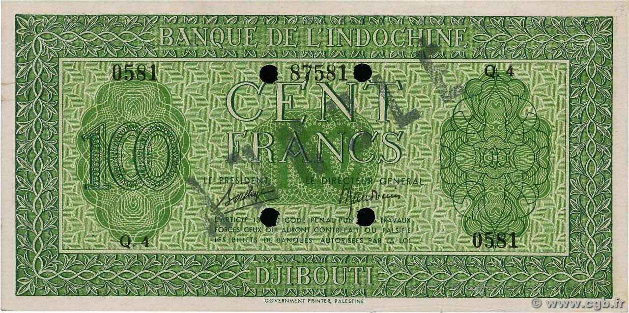 100 Francs Annulé DJIBUTI  1945 P.16s q.SPL