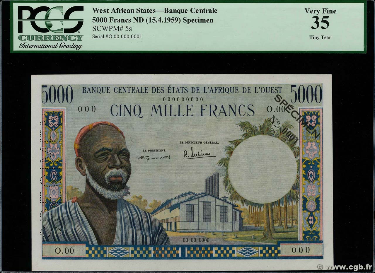 5000 Francs Spécimen ÉTATS DE L AFRIQUE DE L OUEST  1964 P.005s SUP+