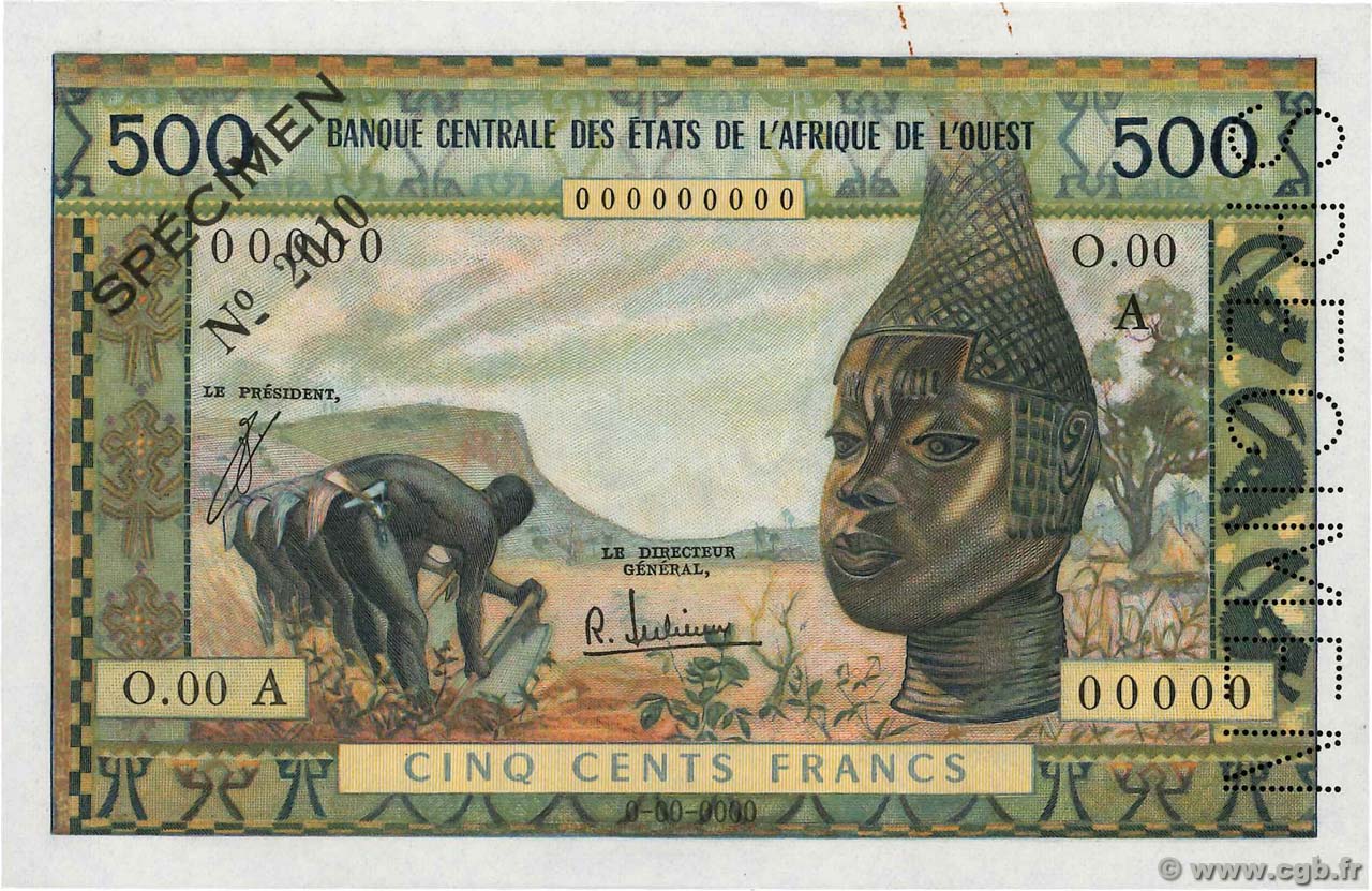 500 Francs Spécimen WEST AFRICAN STATES  1965 P.102As AU-