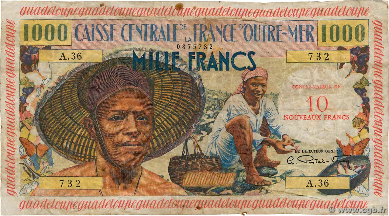 10 NF sur 1000 Francs Pêcheur GUADELOUPE  1960 P.43 q.MB