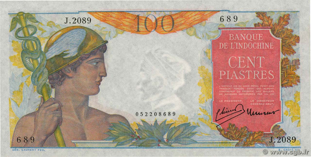100 Piastres FRANZÖSISCHE-INDOCHINA  1947 P.082b ST