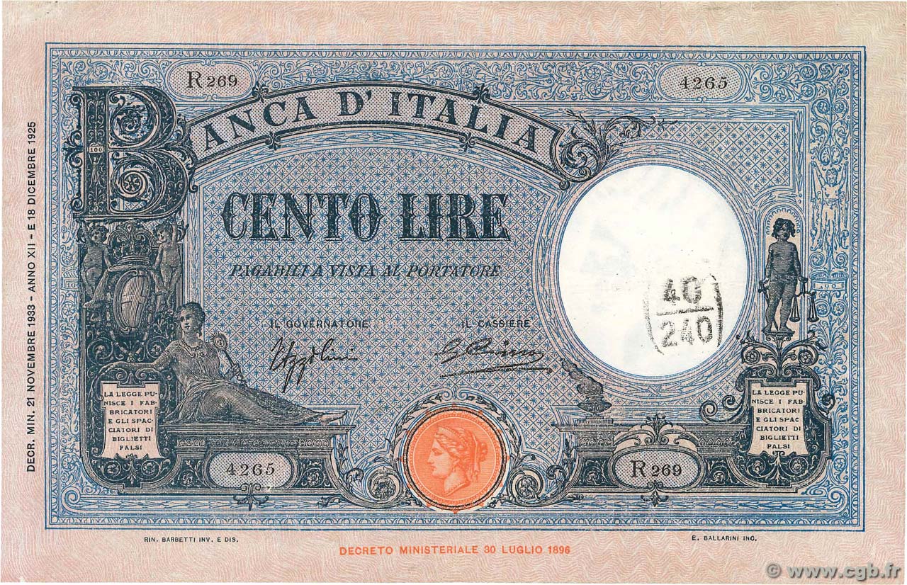 100 Lire ITALY  1933 P.050c VF