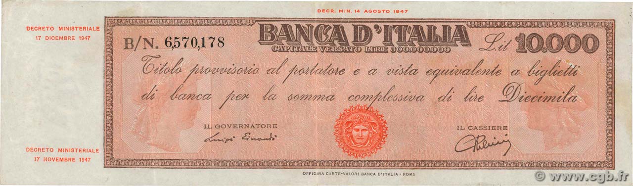 10000 Lire ITALIEN  1947 P.087a SS