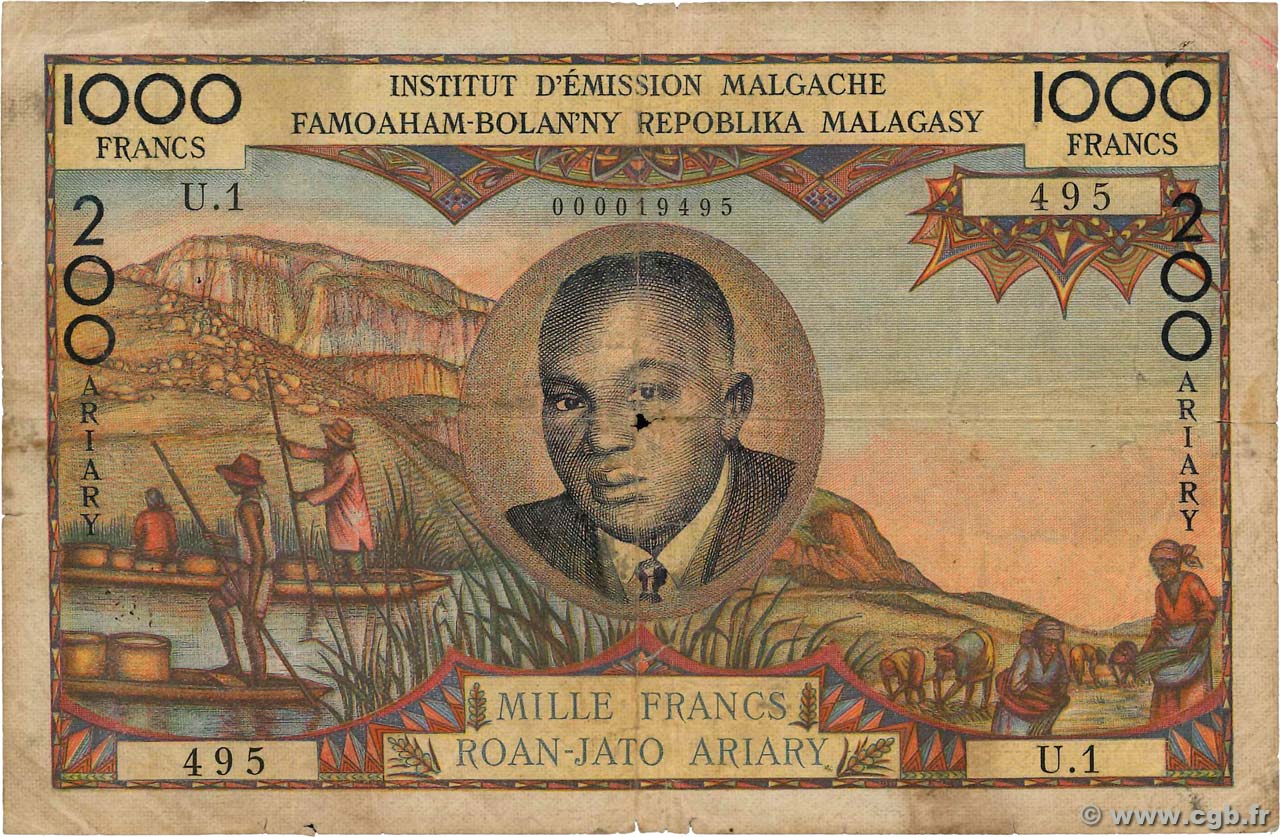 1000 Francs - 200 Ariary MADAGASKAR  1960 P.056a SGE